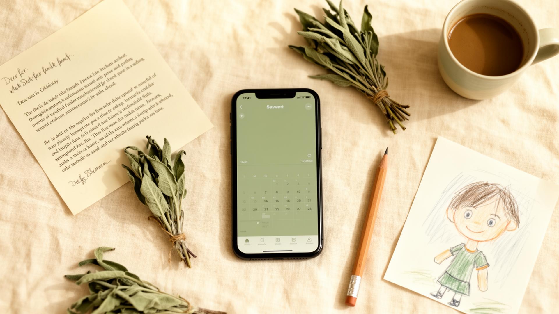 A smartphone showing a calm calendar app on a cream linen surface, surrounded by a school letter, sage, a coffee cup and a child's drawing.
